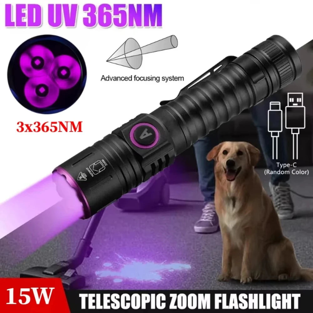 3x365nm UV LED Flashlight High Power Blacklight USB Rechargeable CatDog Pet Stain Tinea UV Glue Curing Scorpion Lamp Torch