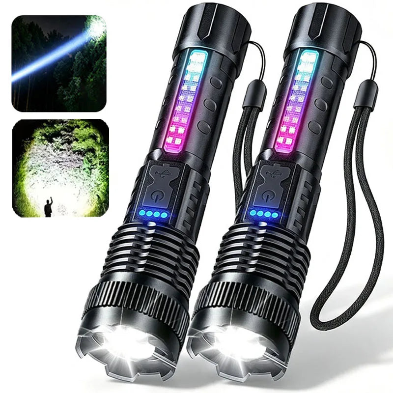 2pcs/set High Power LED Flashlight Strong Light Tactical Torch Rechargeable Portable Lamp Outdoor Emergency Camping Lantern