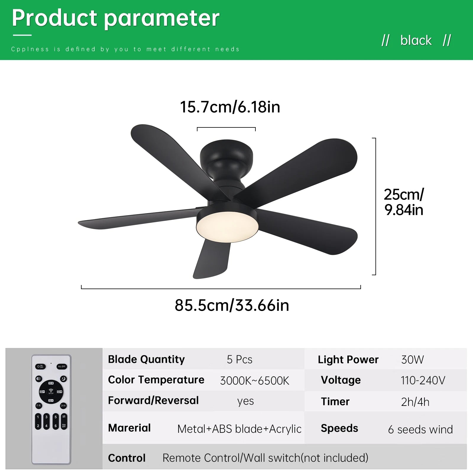 Indoor/Outdoor Flush Mount Ceiling Fan with Remote Control - 5 Blade Low Profile Fandelier - Reversible Quiet Timer