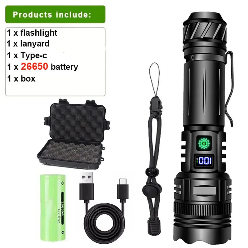 Powerful Aluminum Alloy LED Flashlight Usb Rechargeable Torch Lighting Zoomable Waterproof Flashlight With 26650 Battery