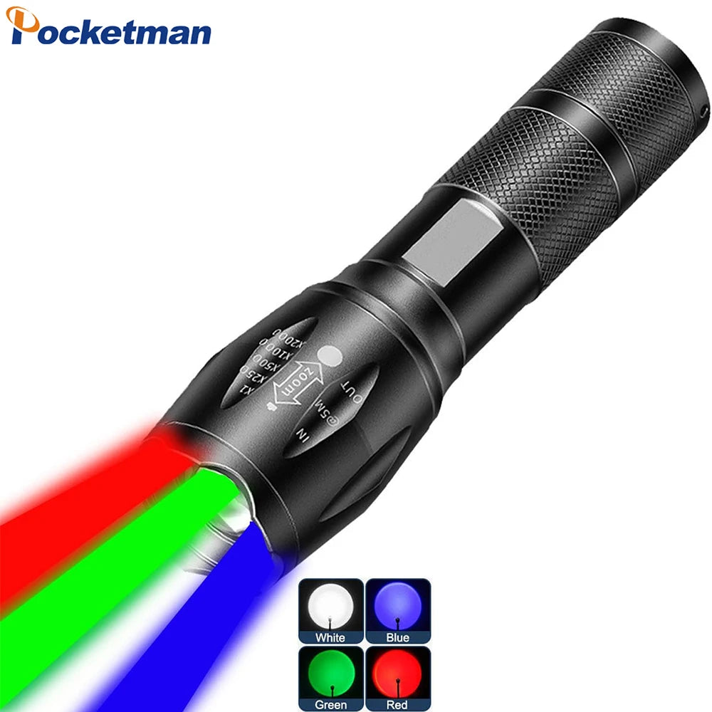 Multicolor 4 Colors in 1 LED White Red Blue Green Blue Light 4 Modes Zoomable Flashlight Red Torch Rechargeable Flashlights
