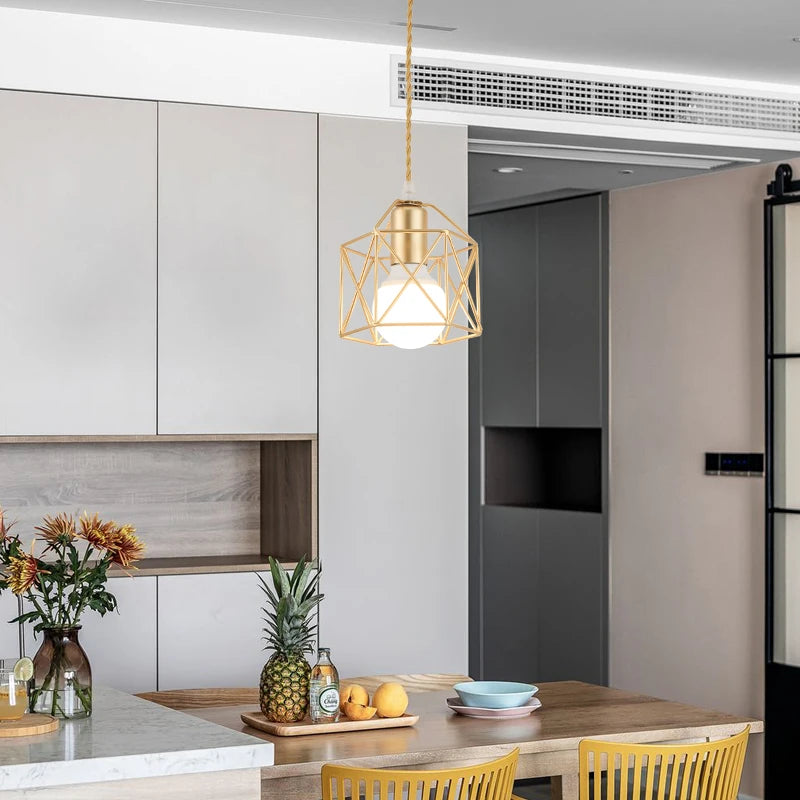 Modern LED Pendant Light Iron Gold Black Minimalist Metal Cage Pendant Lamp Living Room Restaurant Shop Bar Fixture Decoration