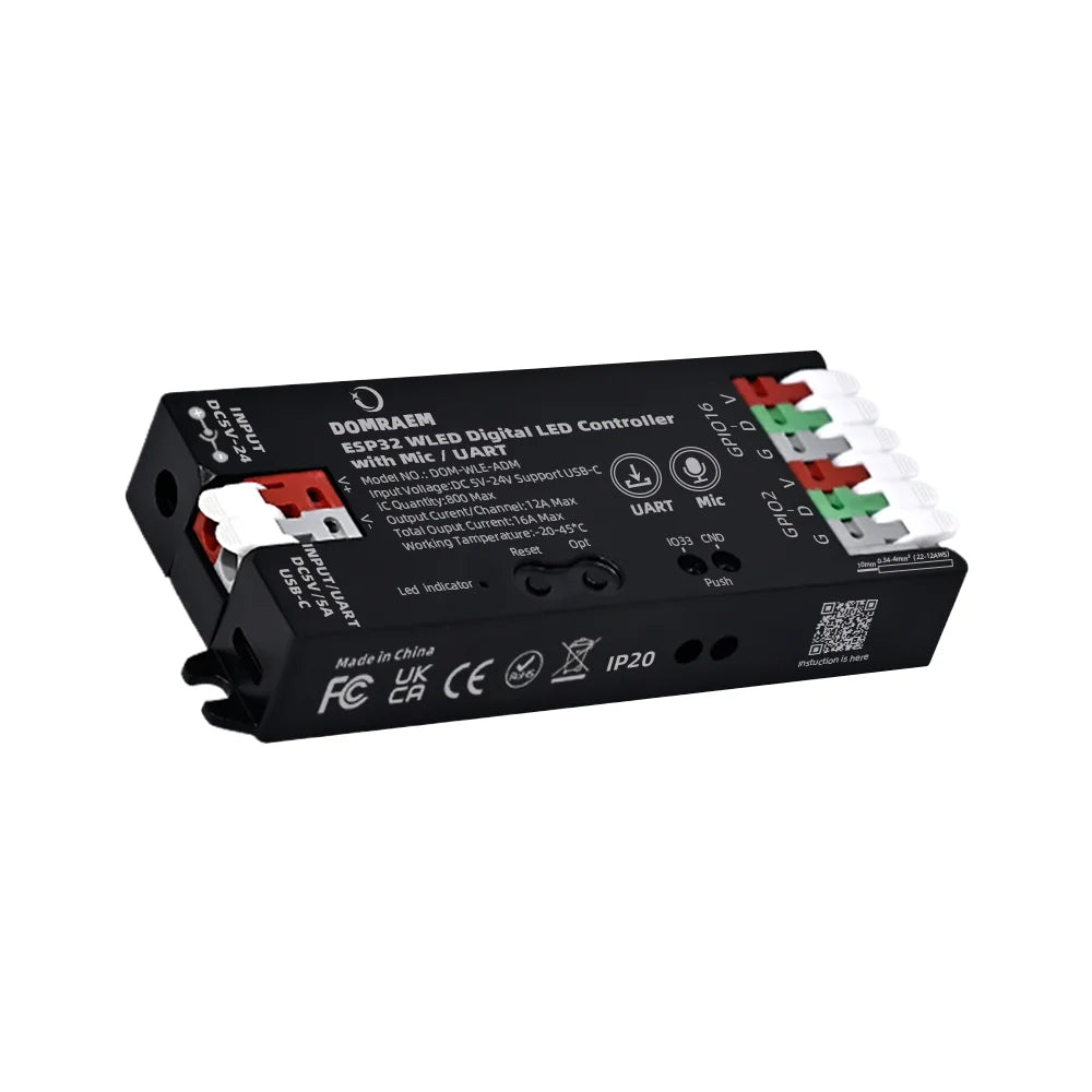 DOMRAEM WLED LED Strip Controller USB-C ESP8266 ESP32 Mic Sync 16A Fuse Level Shifter WS2812 SK6812 RGBIC Digital Pixel Light