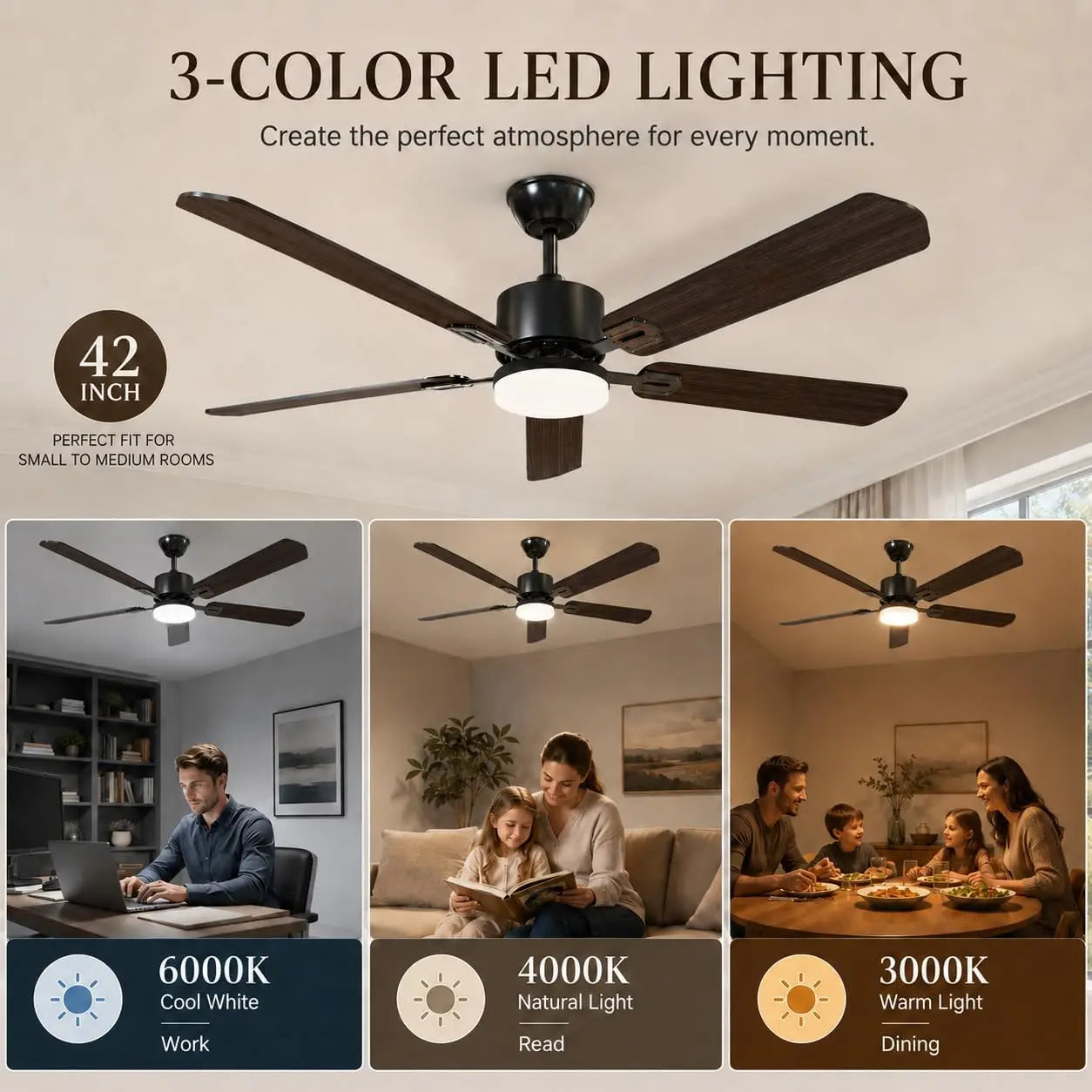 42 Inch Ceiling Fans with Lights and Remote Control, Black Dual-Sided Blades, 6 Fan Speed, Dimmable 3 LED Light, Timer, Low Profile, Reversible Motor, DC Motor, for Bedroom Living Room