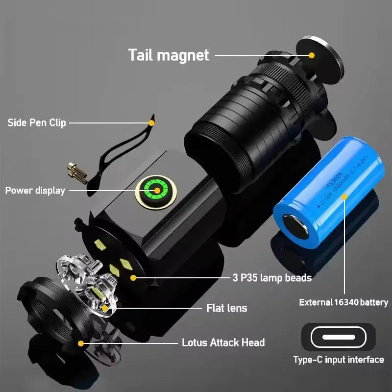 Flashlight Rechargeable EDC Torch Waterproof Hiking Camping Portable Flashlight 16340Battery with Pen Clip Tail Magnet