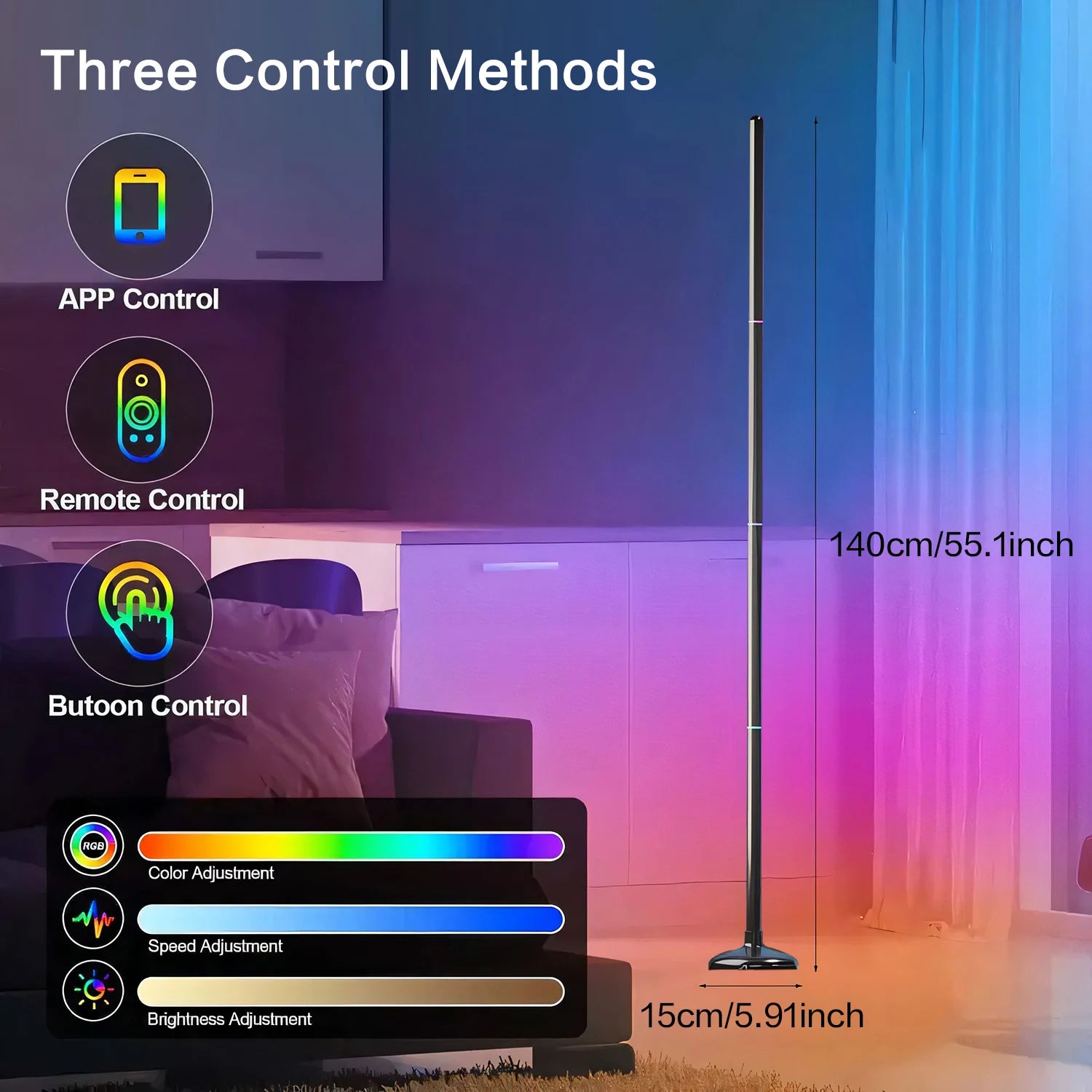 RGB Color Changing Floor Lamp, Rechargeable Battery Operated Standing Lamp, Bluetooth Smart Floor Light with APP & Remote Control, Black Plastic Modern Ambient Corner Lamp for Bedroom Living Room Party Decor