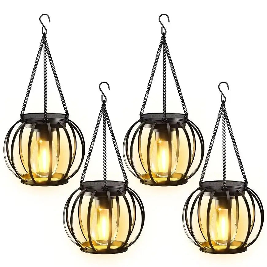 4 Pack Solar Lanterns Outdoor Waterproof, Upgraded Metal Hanging Solar Lights Outdoor Lanterns, Brighter Auto On/Off Outdoor Hanging Lantern for Yard Patio Pathway Porch Garden Decor