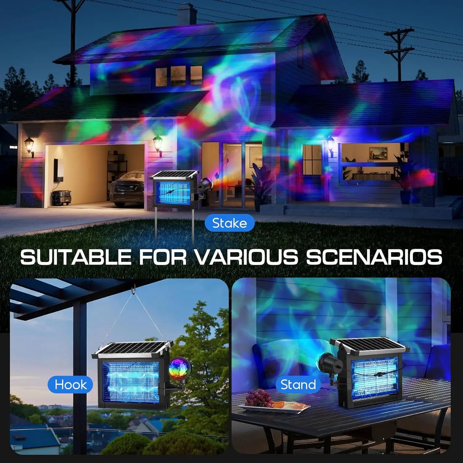Solar Bug Zapper 4500V, 2-in-1 Rechargeable with Projection Light, IP66 Waterproof, Type-C Charging, for Patio, Yard & Camping
