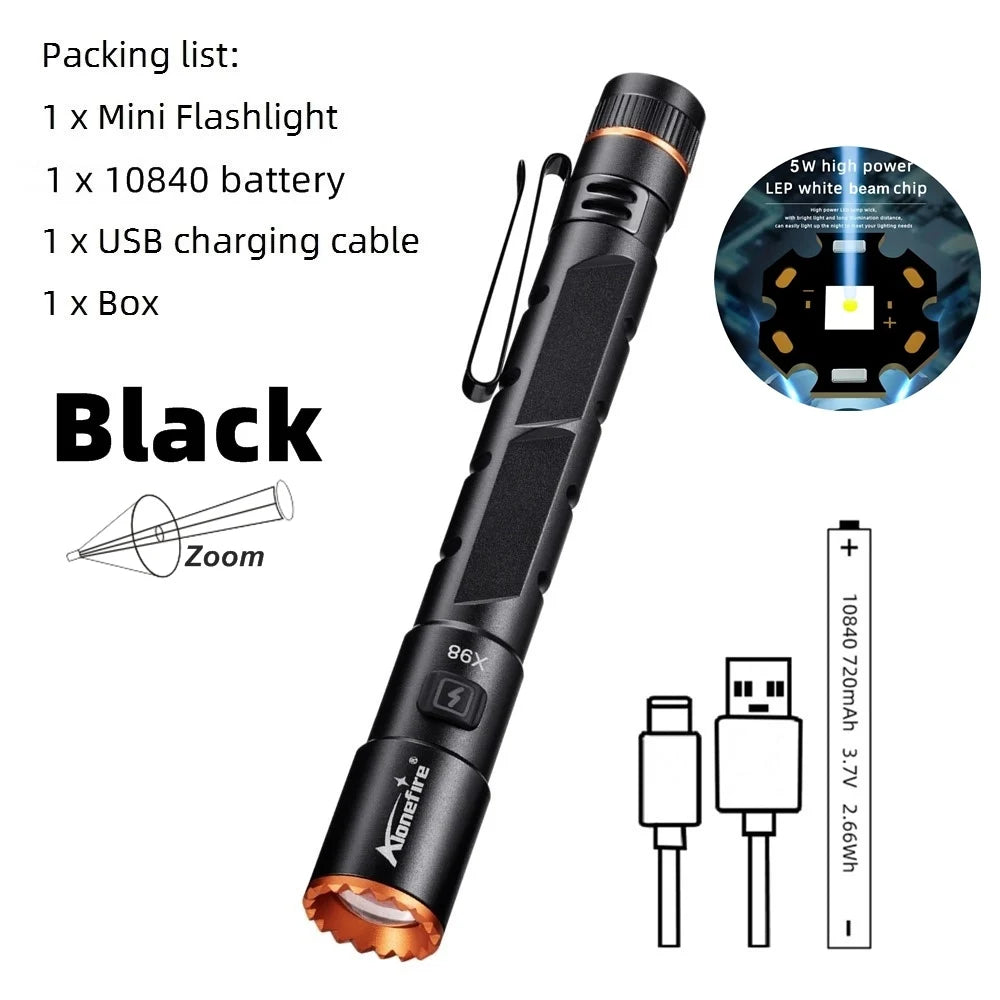 Alonefire Zoom Mini EDC Pen Light Flashlight USB Rechargeable Magnet Small Torch Outdoor Hiking Travel Camping Work Repair Lamp