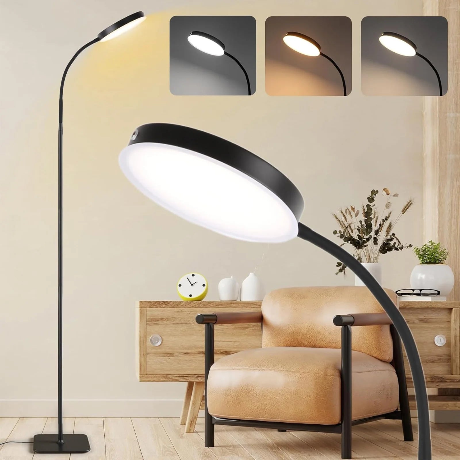 10W LED Floor Lamp, Ultra-Bright Dimmable LED Light, Flexible Adjustable Gooseneck Reading Light, Circular Ambient Light, 3-Color Adjustable, USB Powered, Suitable for Living Room, Bedroom, Office, Study