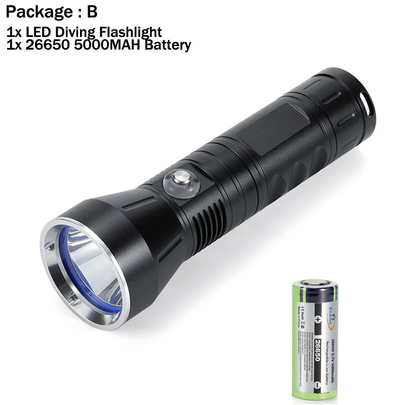 Professional 30W LED Diving Flashlight 3000lumens Tactical Underwater 100M Waterproof 26650 Deep-Sea Fish Lamp