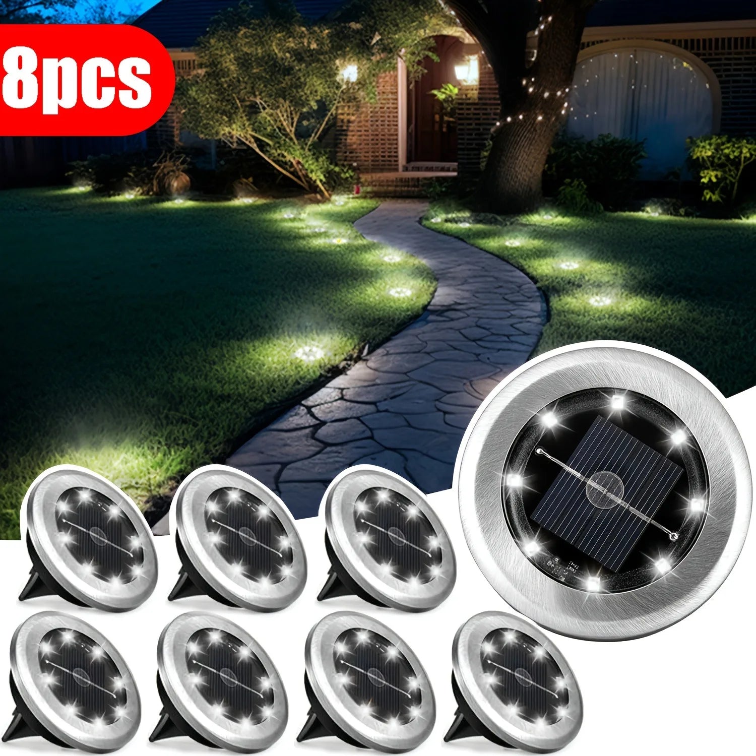 8PCS Mini Solar Led Ground Lights Outdoor Stainless Steel Rotating Solar Path Lights Solar Ground Landscape Lighting