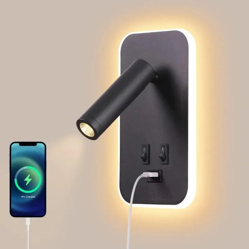 Bedside Wall Lamp, LED Wall Light, Wall Mounted Reading Light with Switch and USB Port, Rotatable Wall Sconce Wall Spotlight