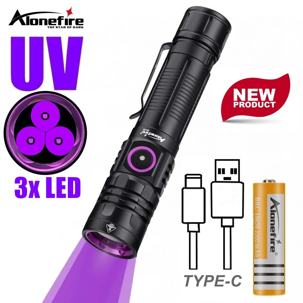 3x365nm/395nm UV LED Flashlight High Power Blacklight USB Rechargeable CatDog Pet Stain Tinea UV Glue Curing Scorpion Lamp Torch