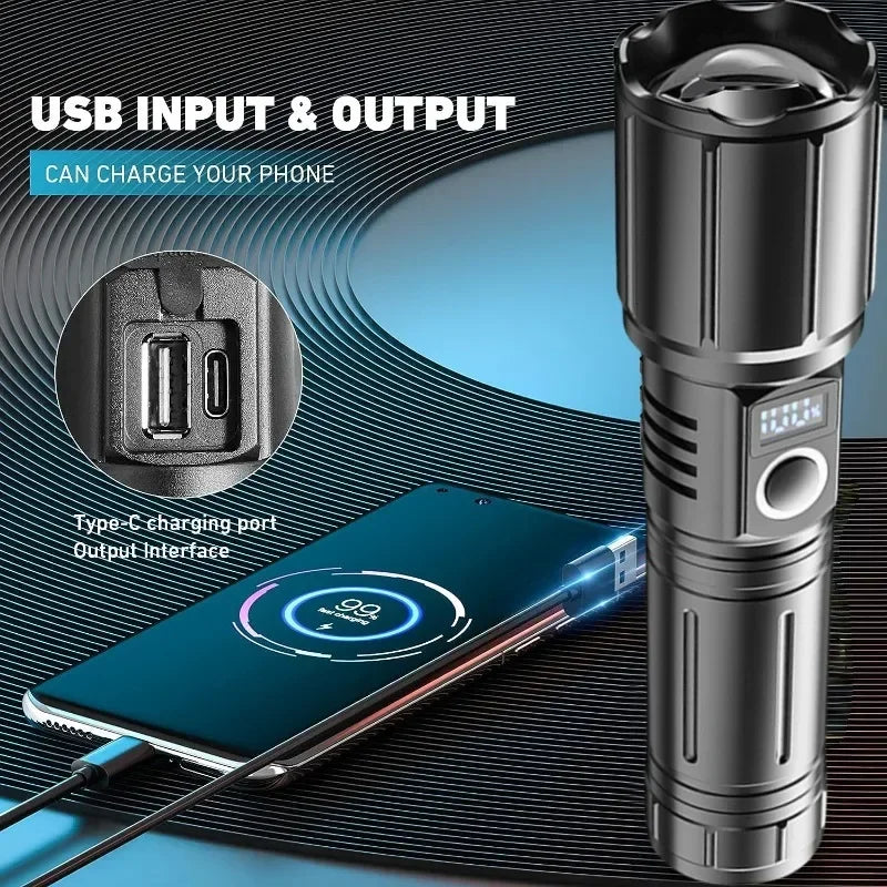 High Power LEP White Light Flashlight 3000 Meter Long Range 26650 Battery Type C Usb Rechargeable Tactical Portable Lantern