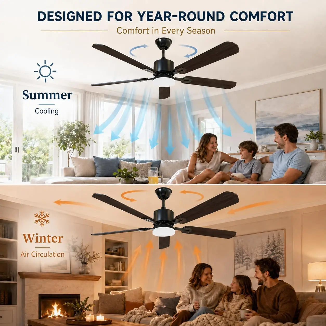 42 Inch Ceiling Fans with Lights and Remote Control, Black Dual-Sided Blades, 6 Fan Speed, Dimmable 3 LED Light, Timer, Low Profile, Reversible Motor, DC Motor, for Bedroom Living Room