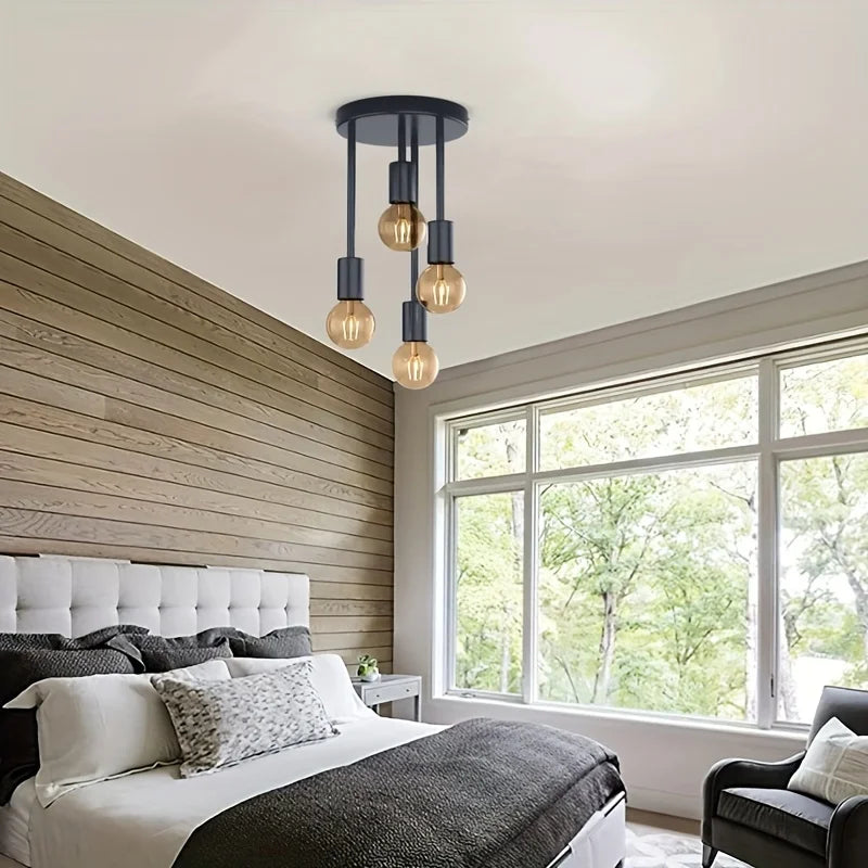 1Pc black modern 4 E27 bulb base ceiling light, suitable for bedroom, kitchen, hallway, corridor chandelier(without bulb)