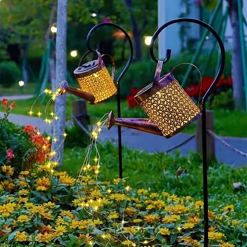 Metal Lantern Solar Watering Can Light - Outdoor Waterproof Shower Lights for Garden Decorations LED Fairy Art Decorative Lights