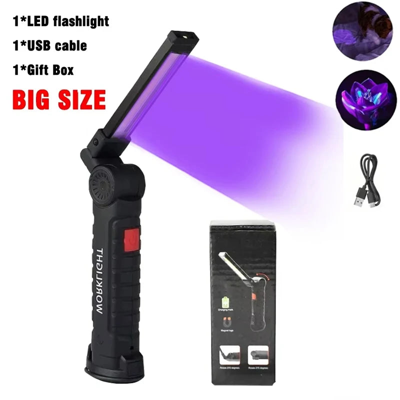 395nm Led UV Flashlight USB Rechargeable Foldable Lamp with Magnetic and Hook Pet Urine Detector Resin Curing Portable UV Light