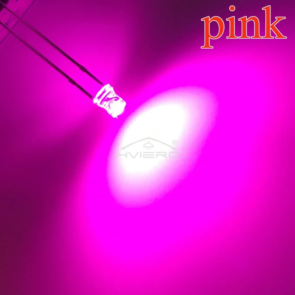 100Pcs F3 3mm 2pins Flat Emitting Diodes Lamp Ultra Bright LED Bulbs White Red Yellow Blue Green Pink Diode Led Wide Angle Light