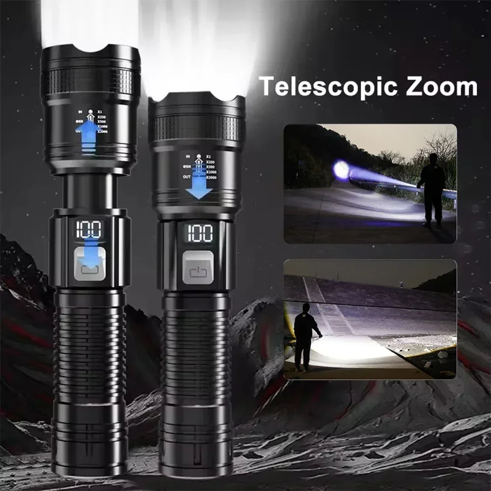 Powerful LED Flashlight with Battery Display USB Rechargeable Light Telescopic Zoom Torch Lamp Outdoor Camping Fishing Lantern