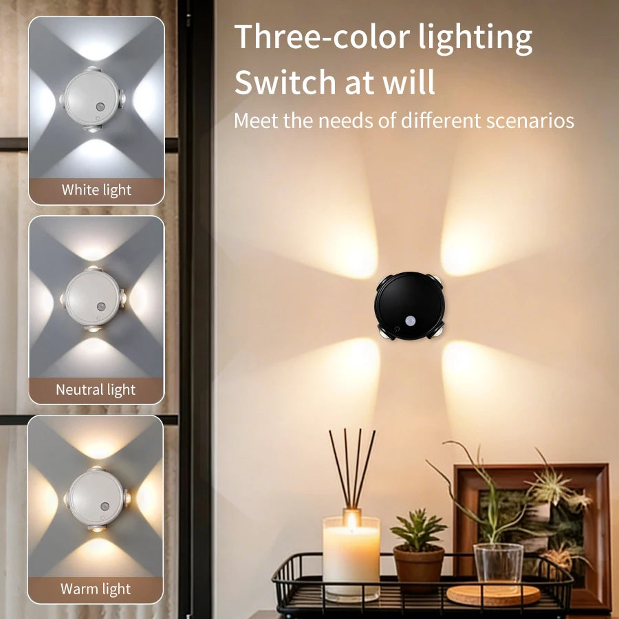3 Colors/RGB Cat Eye Wall Lamp Motion Sensor Rechargeable 4-Headed Night Light Magnetic Ambient Light for Bedside Closet Bedroom