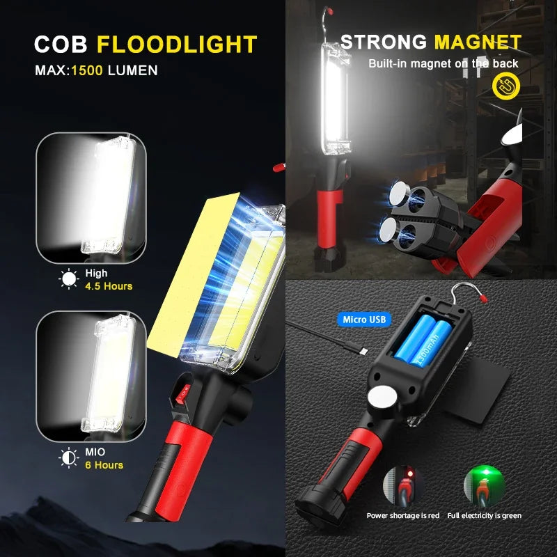 COB Floodlight Rechargeable Lamp Led Work Light Use 2*18650 Battery Led Portable Magnetic Light Hook Clip Waterproof