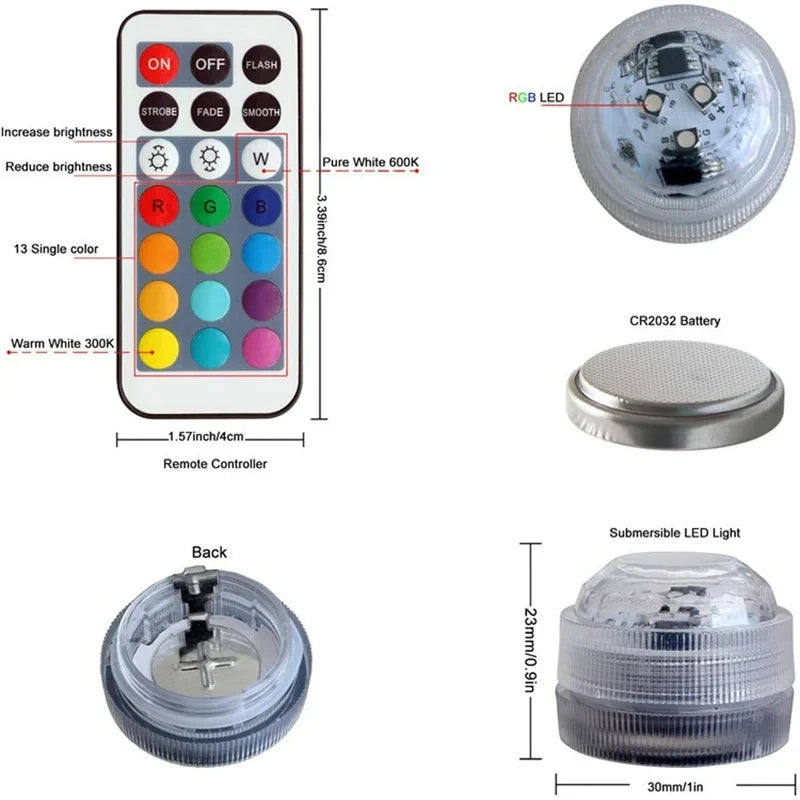 LED Submersible Light with Remote Control Battery Powered Underwater Night Lamp for Pool Vase Bowl Wedding Party Decoration