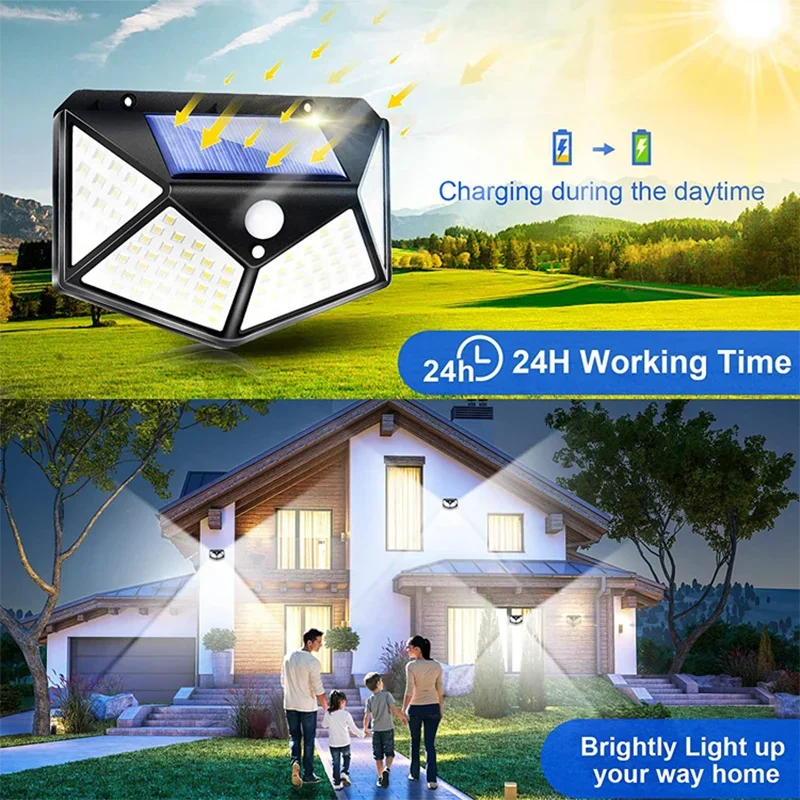 1/2/4/6Pcs 100 LED Solar Wall Lights Outdoor PIR Motion Sensor Powered Street Lamp Sunlight Garden Decoration Lamp Post