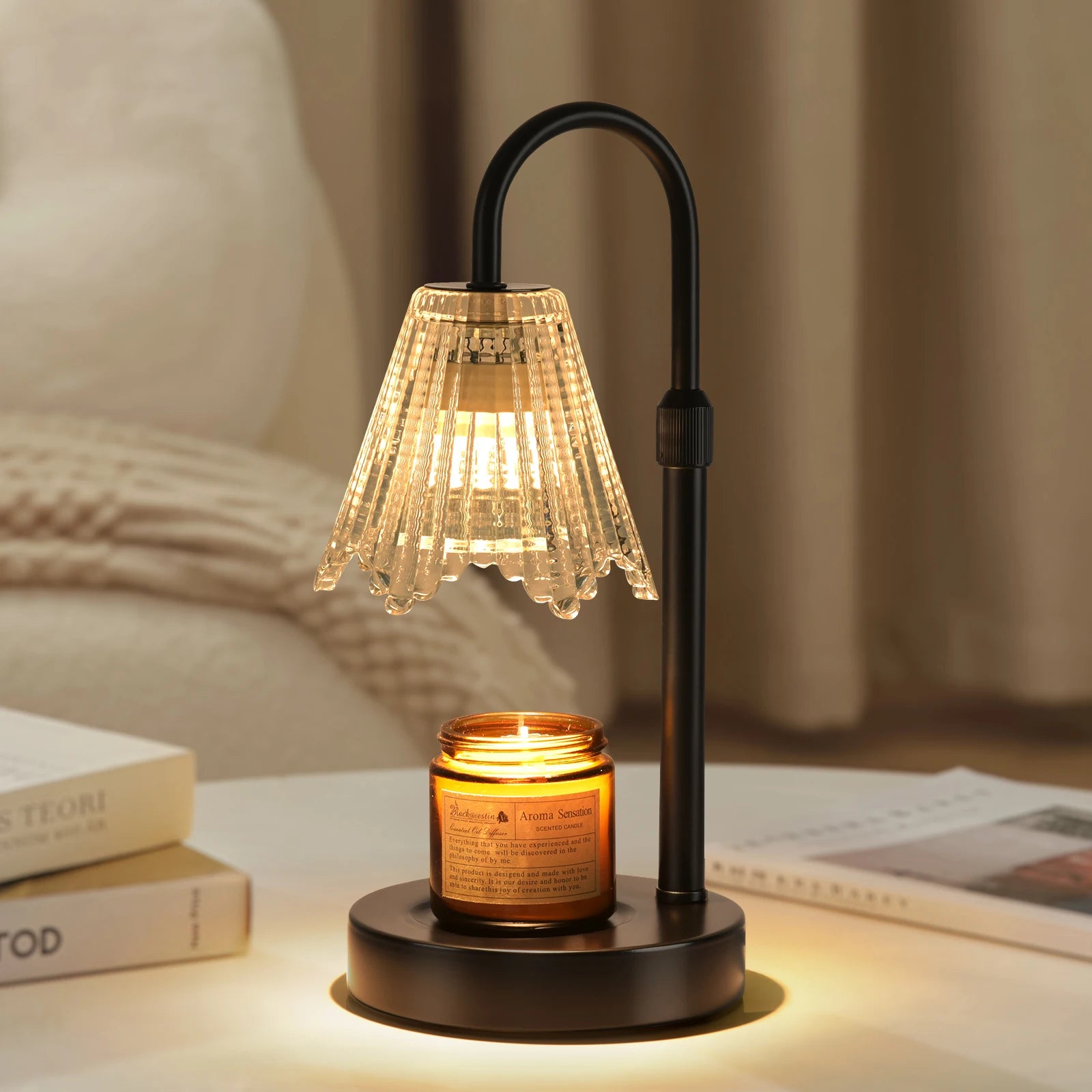 Adjustable Candle Warmer Lamp with Clear Glass Shade, Dimmable Electric Wax Melter Lamp, Curved Metal Frame Scented Candle Melting Lamp for Home Bedroom Decor Gift for Candle Lovers