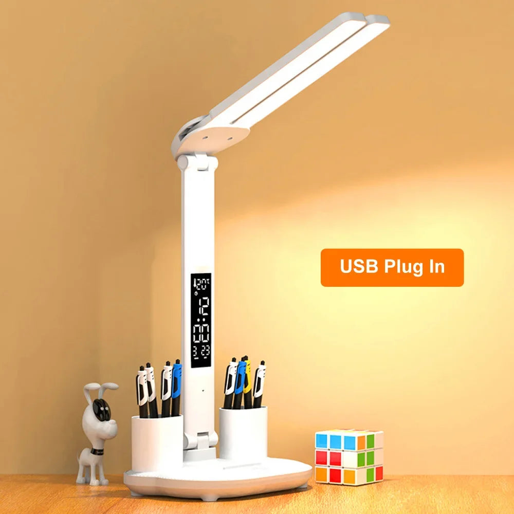 Double-Headed LED Table Lamp Dimmable Desk Lamp with Calendar Clock Foldable Eye Protection Reading Night Light