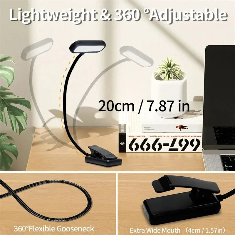 LED Book Light Reading Light Eye Caring Clip-on USB Rechargeable Dimmable Light Lamp Adjustable Flexible Night Reading Lamp
