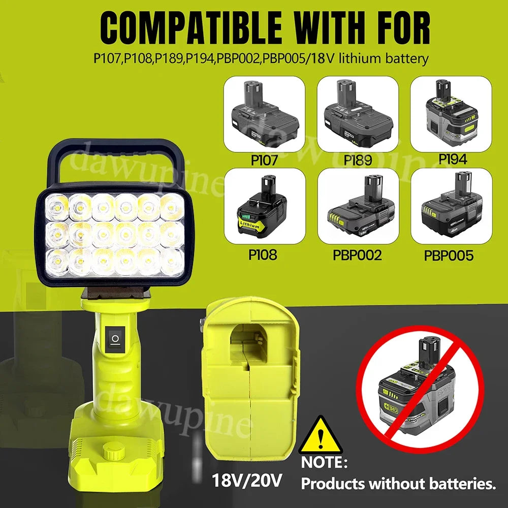 For Ryobi 18V Lithium Battery P107 P108 18 Beads LED Working Lights Portable Lanterns Camping Lamp Torch  Flashlights Spotlights