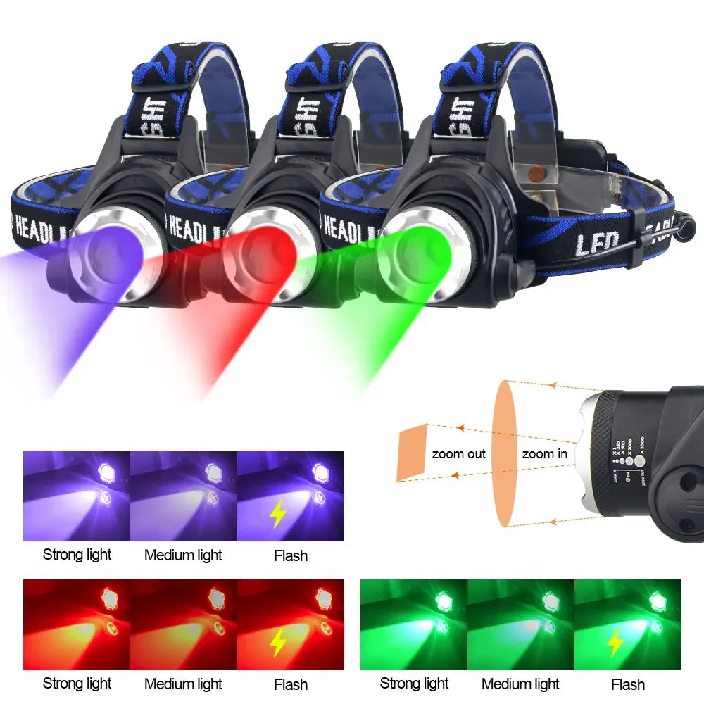Headlamp Red Light Green Head LED Flashlight Outdoor XPG Headlight Tactical Camping Hunting Fishing Zoomable Fishing Headlamp