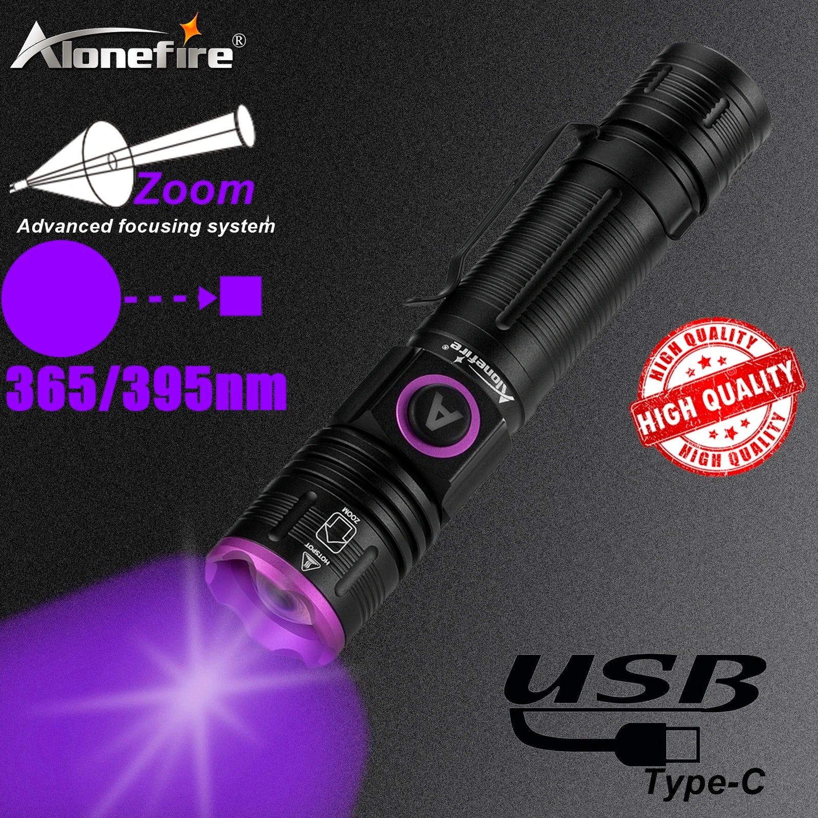 365/395nm Zoom UV Flashlight USB Rechargeable Ultraviolet Adhesive Curing Torch Cat Dog Pets Urine Tinea Marker Money Ore Light