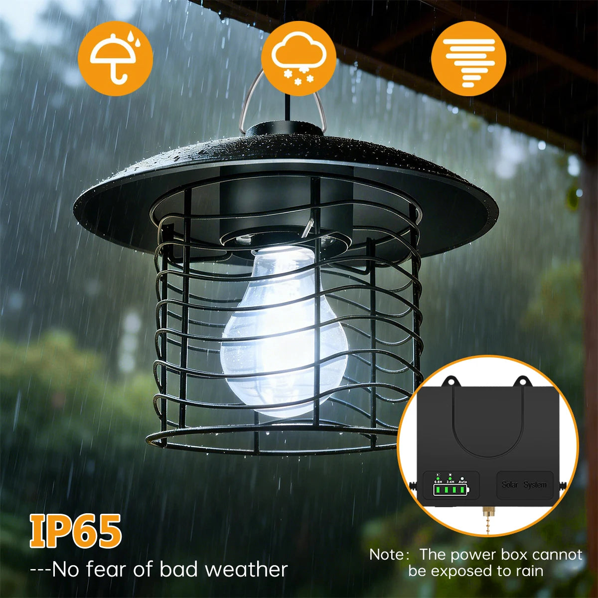 Solar Lamp Outdoor Hanging Solar Pendant Light for Shed Barn Motor Home Retro Pull Chain 3 Work Mode with Battery Indicator IP65