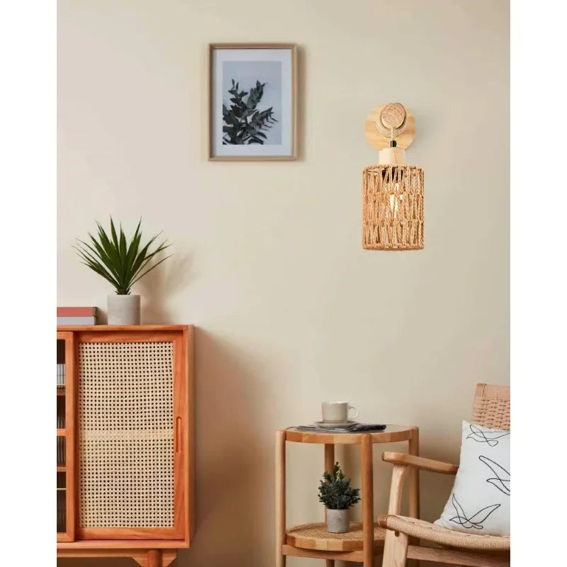 Hemp Rope Cylindrical Style Wall Lights Popular Style Led Rattan Wall Lampshade for Bedroom Hotel Decoration Lighting Fixture