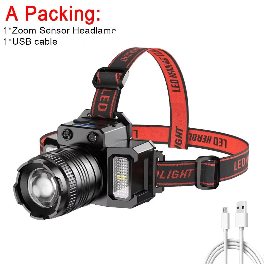 Smart Induction White Light LED Headlamp with Zoom USB Charging Sensor Multi-Function Outdoor Head Torch Lantern