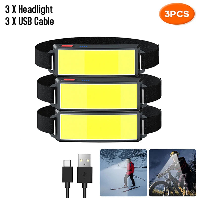 Powerful COB LED Headlamp Type-c Rechargeable Head Flashlight Built-in Battery Outdoor Fishing Camping Lantern Waterproof Torch