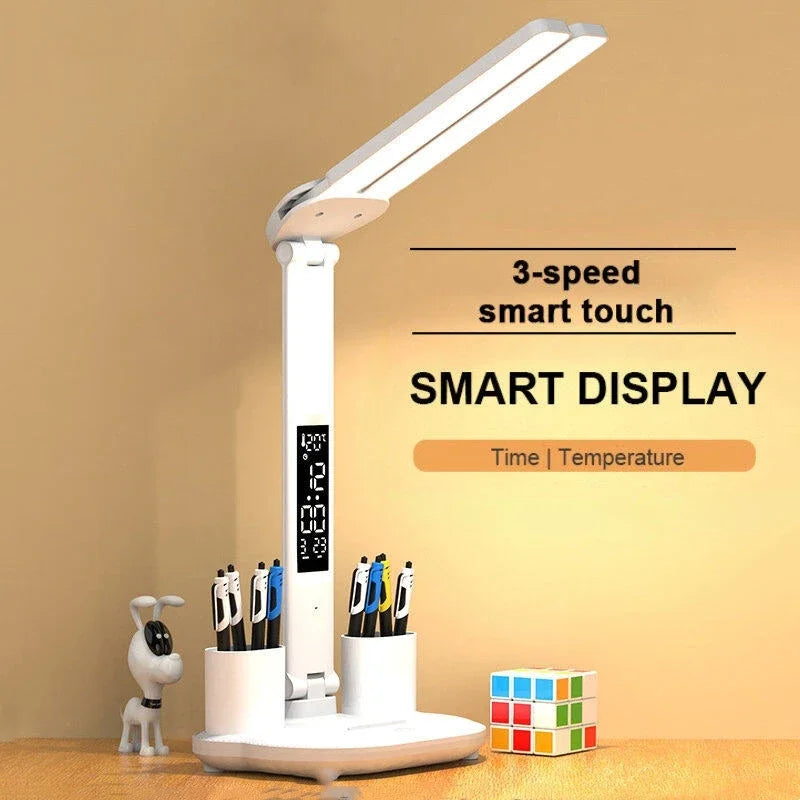 LED Table Lamp Double-Headed USB Chargeable Dimmable Desk Lamp with Calendar Clock Foldable Eye Protection Reading Night Light