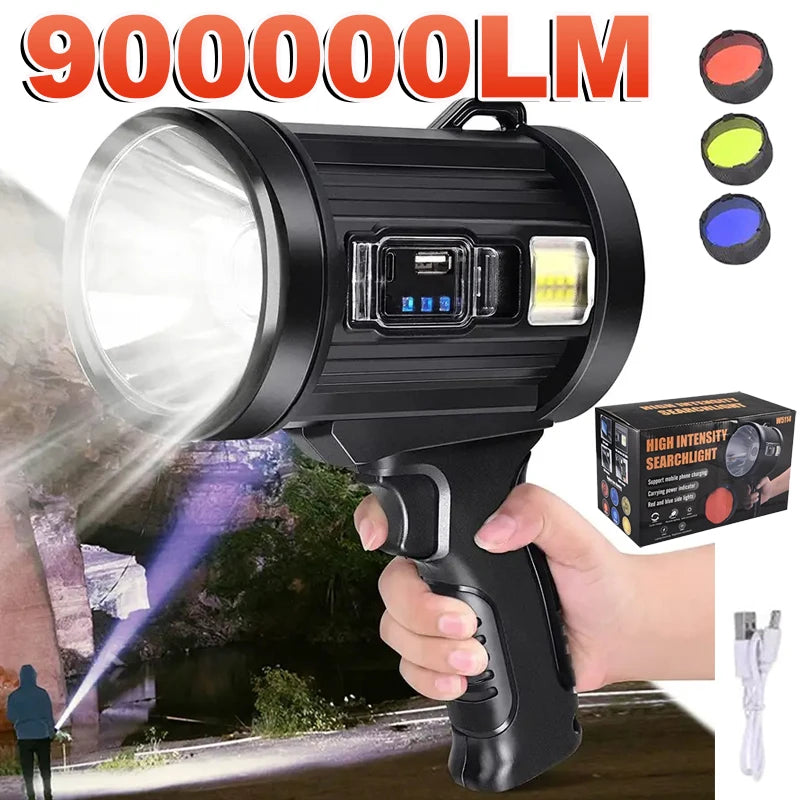 900000LM Rechargeable Led Spotlight Waterproof Handheld Large Flashlight Most Powerful Outdoor Solar Spotlights Searchlight