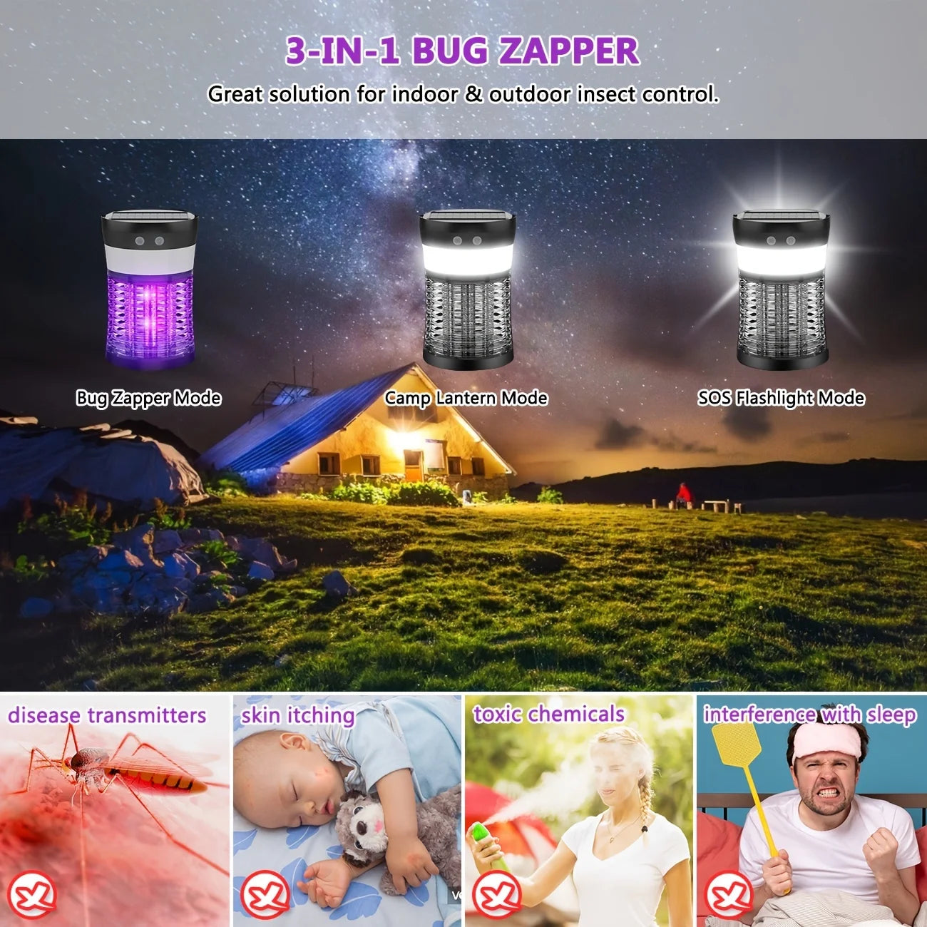 Bug Zapper Electric Solar Mosquito Killer 3000V Rechargeable Insect Fly Trap for Indoor & Outdoor