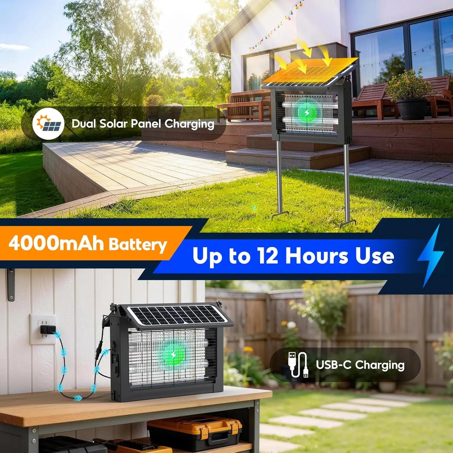 Solar Bug Zapper Outdoor, 4500V Electric Mosquito Zapper with Dual Solar Panels & USB Charging, IPX5 Waterproof Fly Trap