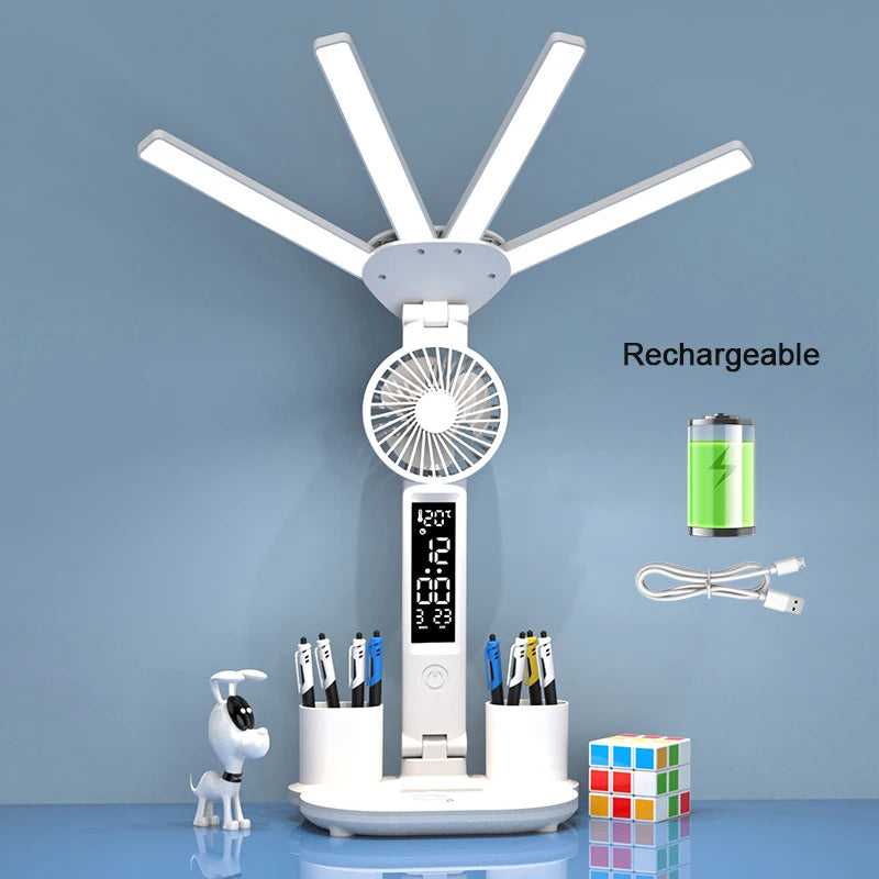 LED Rechargeable Table Lamp for Study, Desk Lamp Reading Light Led Table Light with Fan, Led Clock Dispaly Reading Lamp