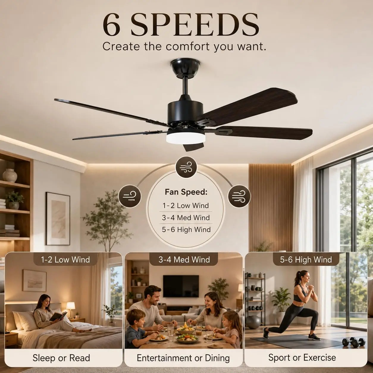 42 Inch Ceiling Fans with Lights and Remote Control, Black Dual-Sided Blades, 6 Fan Speed, Dimmable 3 LED Light, Timer, Low Profile, Reversible Motor, DC Motor, for Bedroom Living Room