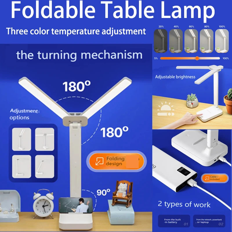 Double Head Foldable LED Desk Lamp, USB Rechargeable with 3 Colors & Dimmable Brightness for Reading, Study, Office