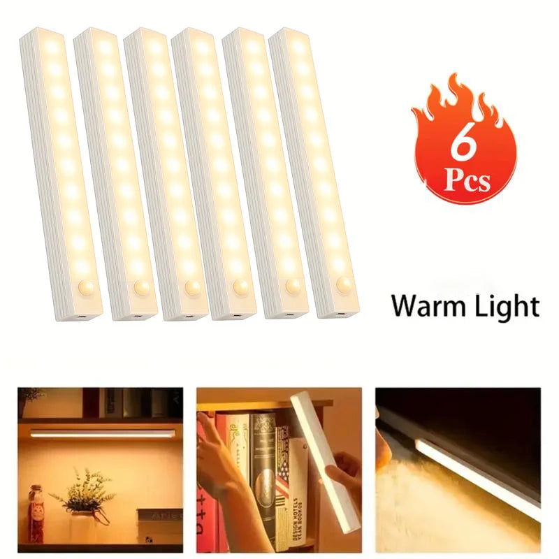 6pc Wireless Rechargeable LED Motion Sensor Cabinet Light - Ideal for Closet, Kitchen, Wardrobe, Stairs - Battery Operated Night