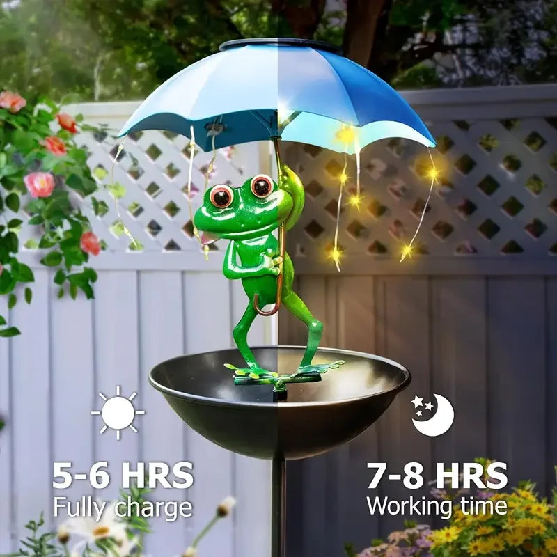 Solar Powered Frog Garden Lamp with LED String Lights Automatic Outdoor Bird Feeder and Hummingbird Feeding Trough for Yard Lawn