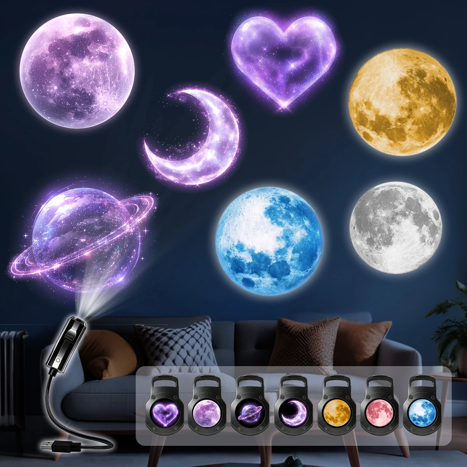 Seven Themed Projection Lights, Including Planet/Crescent Moon Patterns, for Use as Ambient Ceiling Lights.