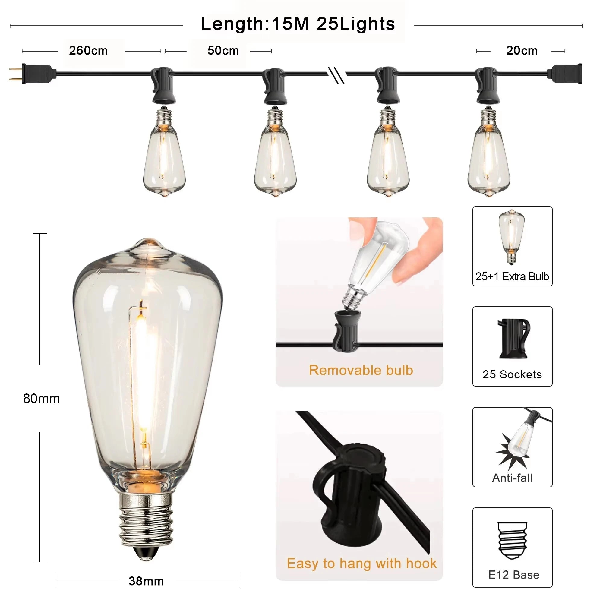 ST38 String Lights Outdoor Garland Connectable Shatterproof Waterproof Plastic LED Bulb Dimmable Patio Garden Decor Fairy Lighst